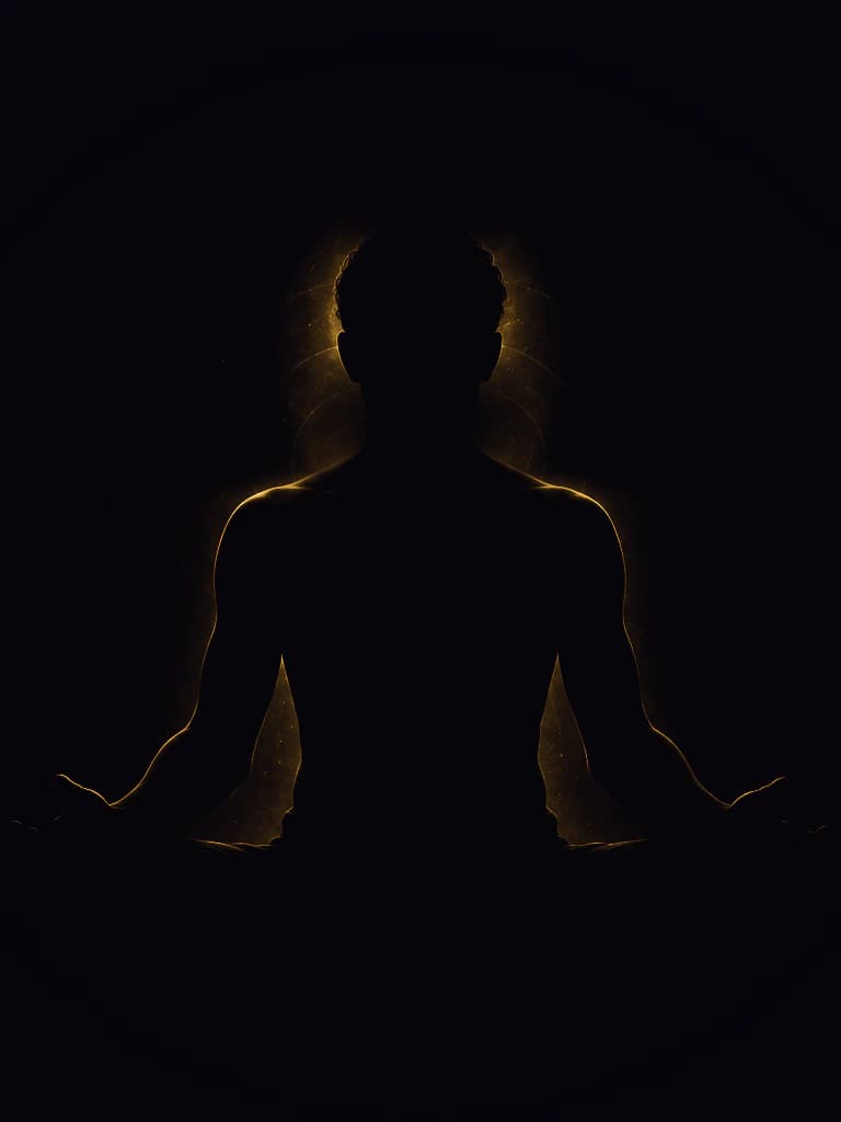 A meditating figure in silhouette, rim-lit in gold, with a cosmos orb glowing at the chest