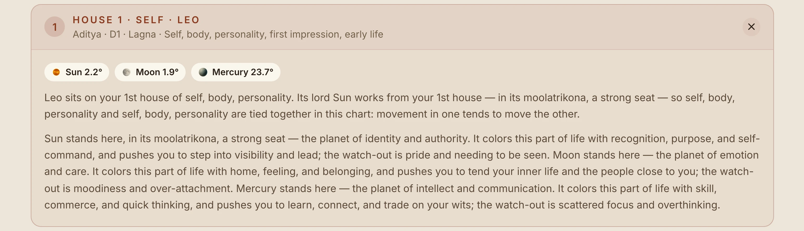 Tapping a house opens its reading — the sign, the planets sitting in it, and what that means