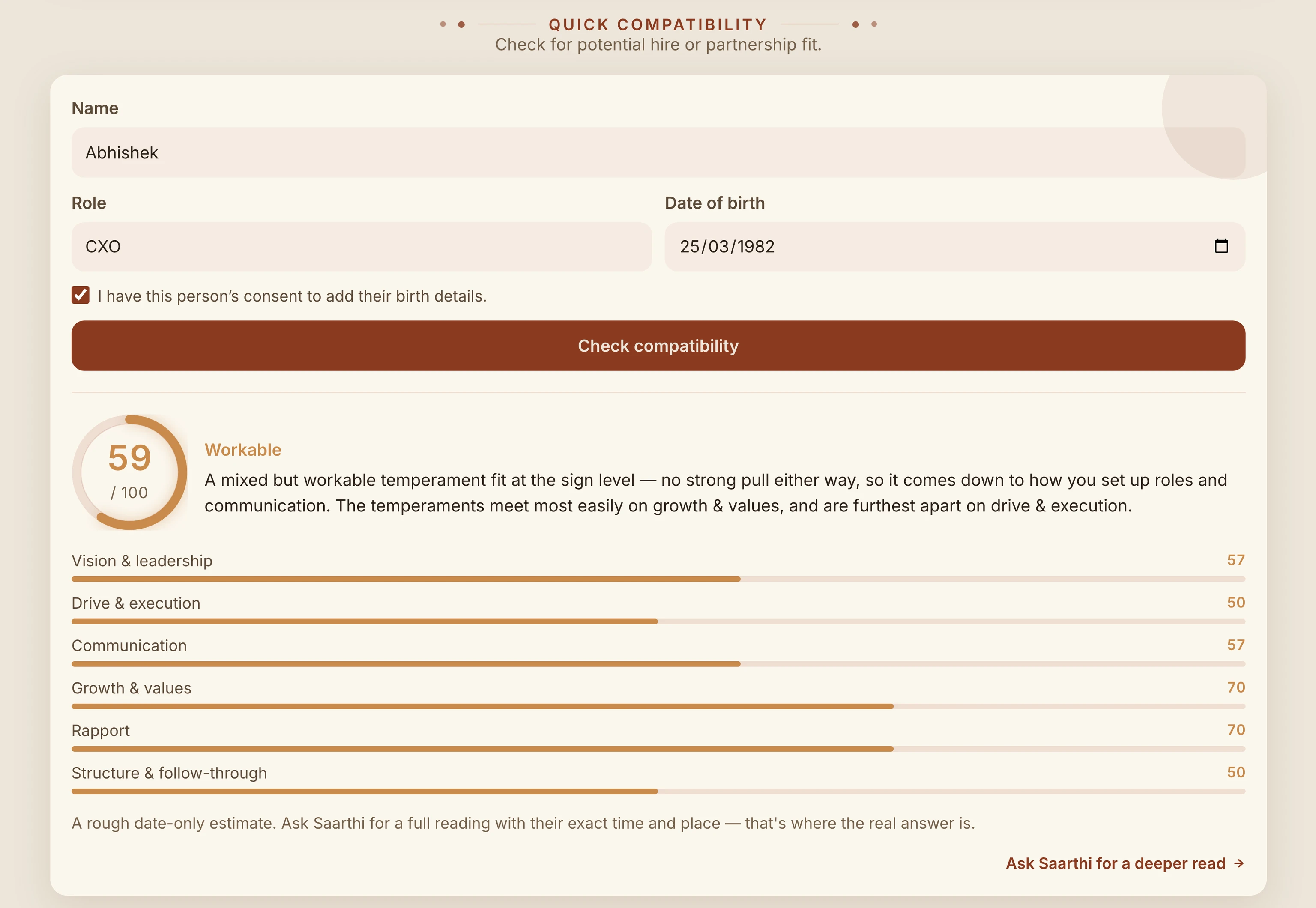 Quick compatibility check — a scored result across six dimensions