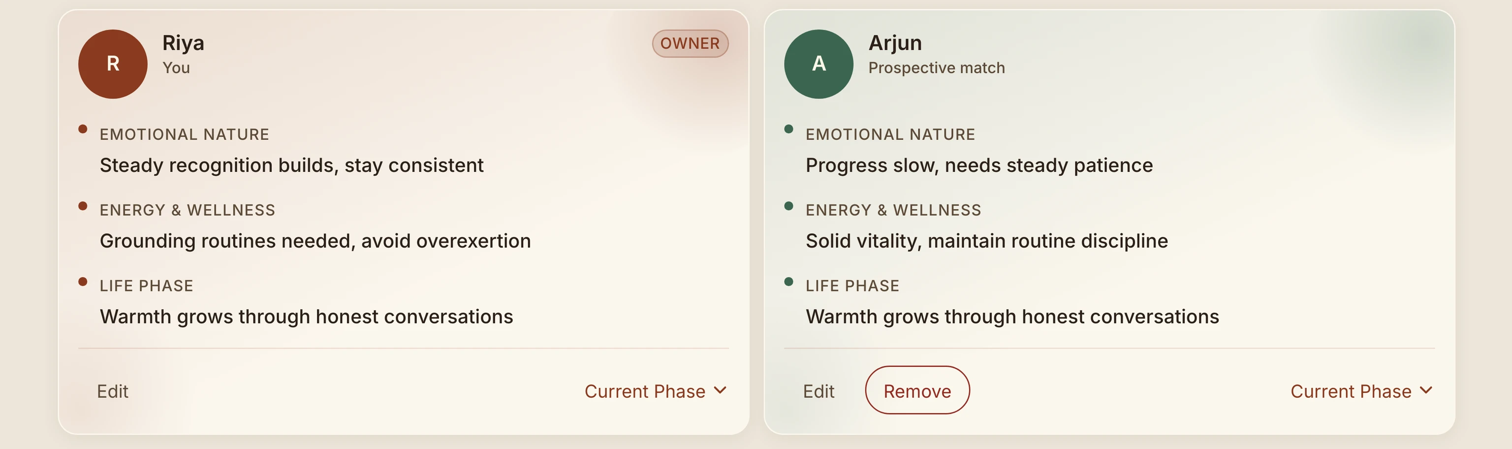 Match seeker cards — each person's weekly pulse and running Dasha